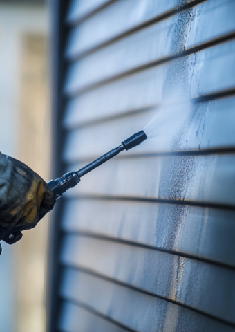 A person pressure washing the side of a house